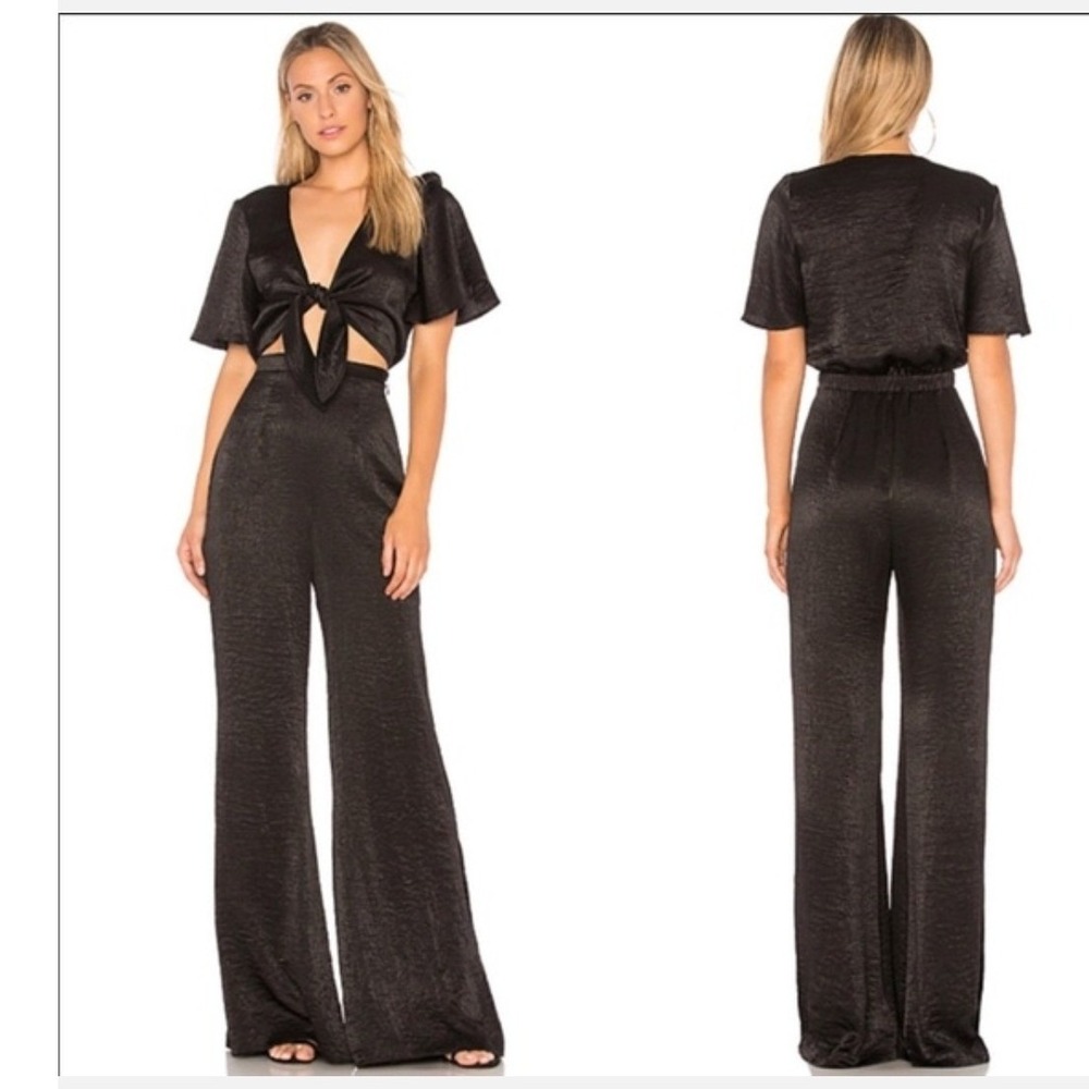 Show Me Your Mumu Jenna Jumpsuit in black sateen tie front w/ cutout small H19